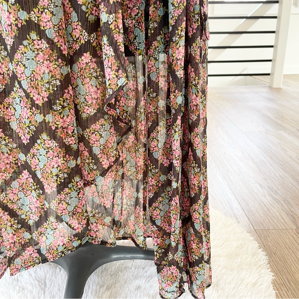 XS S M L NWT LC Lauren Conrad pink blue & black floral print wrap midi dress - Picture 7 of 8